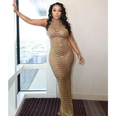 Sexy Sheer Mesh Studded Maxi Dress Women Sheath Backless Party Dress Clubwear