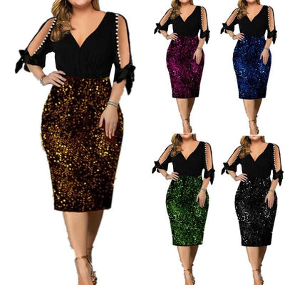 Party Dresses for Women 2023 Sexy Hollow Out Design Bead V-Neck Petal Sleeve Bodycon Dress Elegant Chic Sequin Evening Vestidos