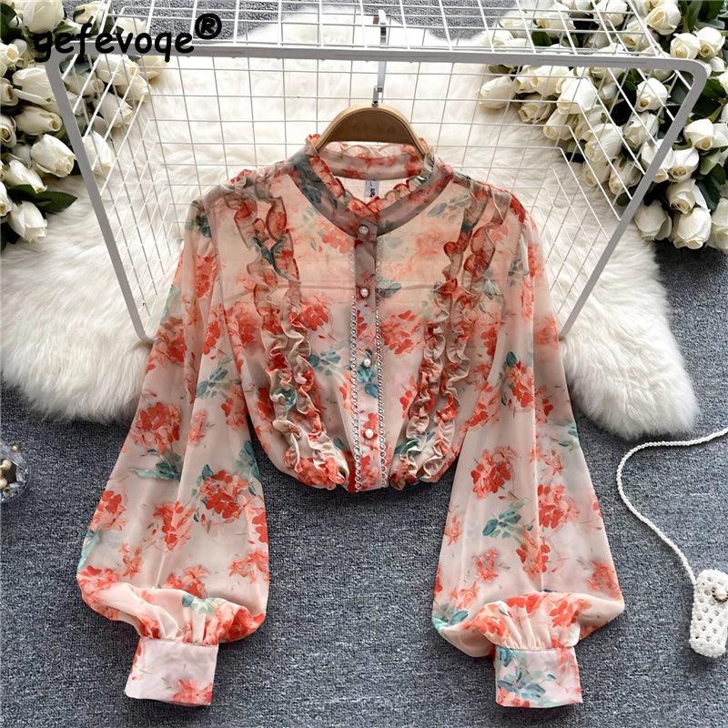 Women Ruffles Lace Floral Print Retro Elegant Button Shirts Summer Fashion Sweet Chic Stand Collar Long Sleeve Blouse Loose Tops