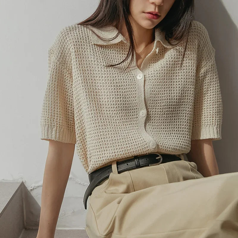 Women's Shirt Knit Solid-colored Short-sleeved Sweaters Tops All-match Pullovers T-shirt Polo-neck Crop Tops Girl's Tees Summer