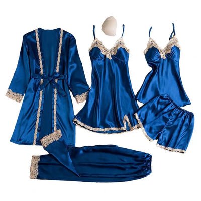 Women's Summer Sexy Pajama Pants Set 5 Pieces Nightgown Nightdress Top Shorts Pants Set Lace Satin Silk Sleepwear Robe Sleepwear