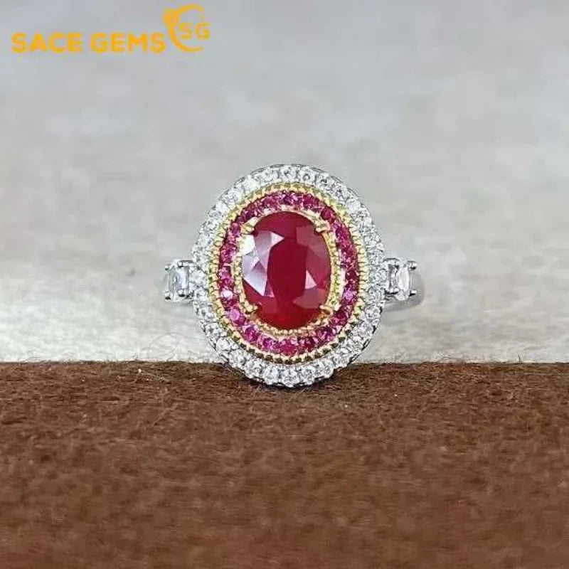 SACE GEMS Fashion 925 Sterling Silver 6*8mm Natual Ruby Luxury Rings for Women Created Wedding Engagement Party Fine Jewelry