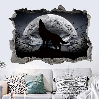 3D Broken Wall Hole Art Moon Night Wolf Howls Vinyl Mural Stickers Room Decorations for Home Items Self Adhesive Animal Poster