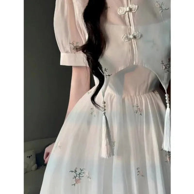 Dress Sets Summer Women Chinese Style Floral Hight Waist Mesh Midi Dresses Elegant Casual Gentle Wind Female Dress Vestidos