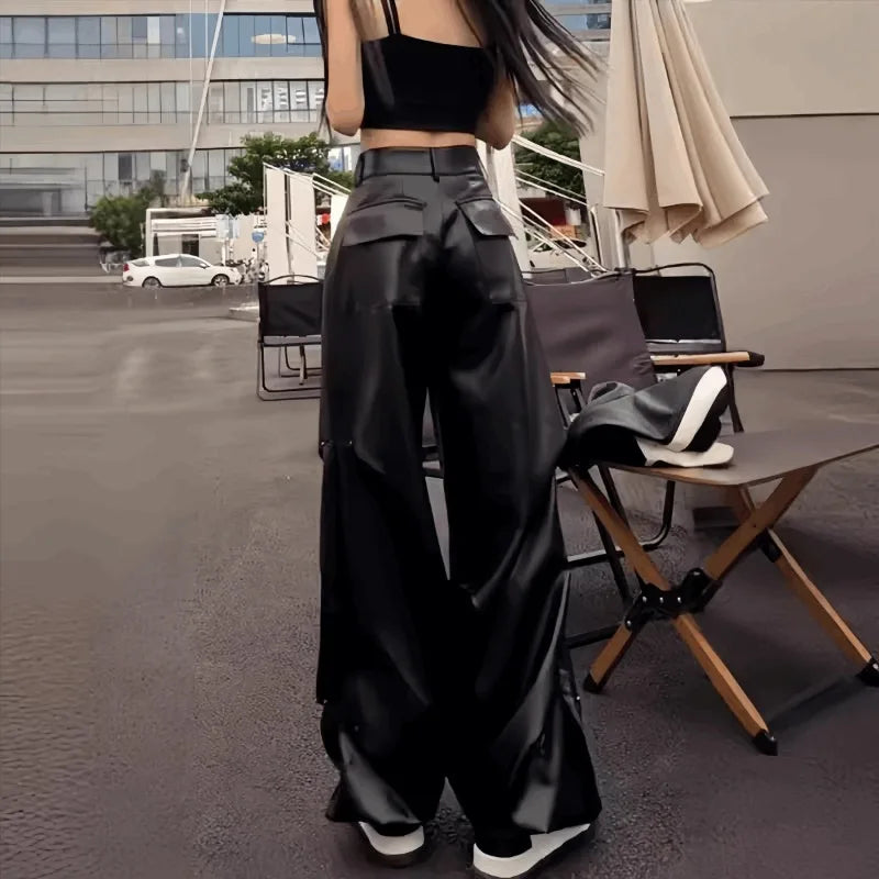 Fashionable Wide Leg Pants for Spring and Autumn Women's New High Waisted Straight Leg Loose Floor Length Casual Leather Pants