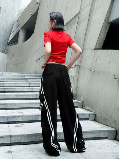 Wide Leg Pants Women Floor Length Patchwork Lace Denim Stripe Print High Waist Multiple Pockets 2025 Streetwear Cargo Trousers