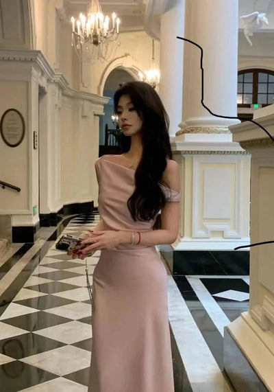 Satin Sexy Off Shoulder Dress Women Pink Skinny Elegant Soft Dress Classic Fashion Party Evening Gown Sleeveless Lady Vestidos
