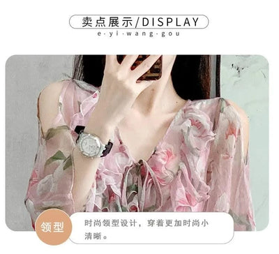 Women Sexy Off Shoulder V Neck Floral Print Dress Summer Gorgeous Flower Pink Chiffon Cascading Ruffles Evening Party Prom Robe