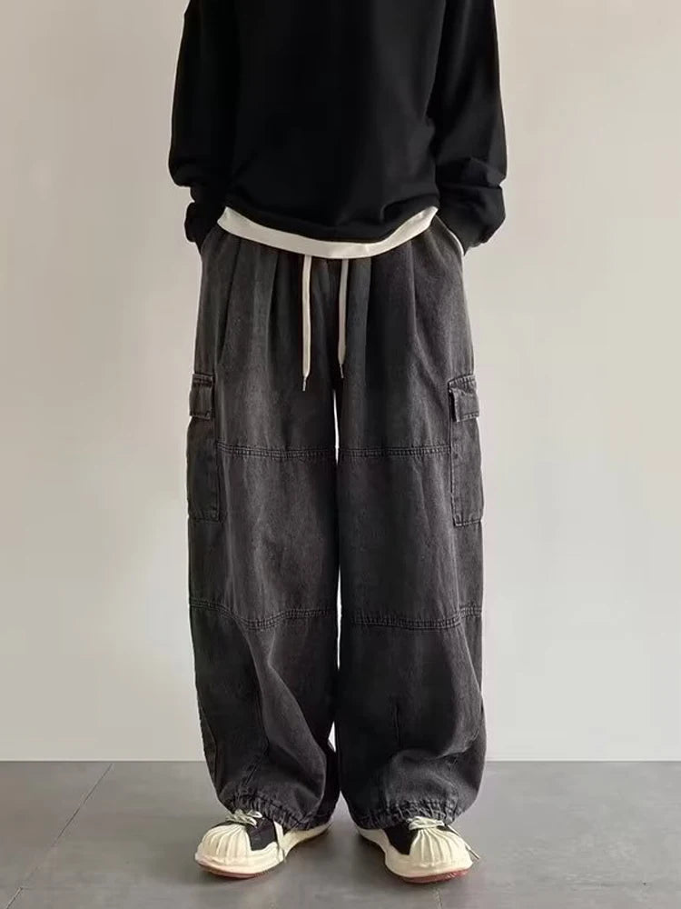 Denim Trousers For Men Adjustable Drawstring Y2k Versatile Baggy Cargo Jeans Men's Hippie Jogging Wide leg Pants Male Streetwear