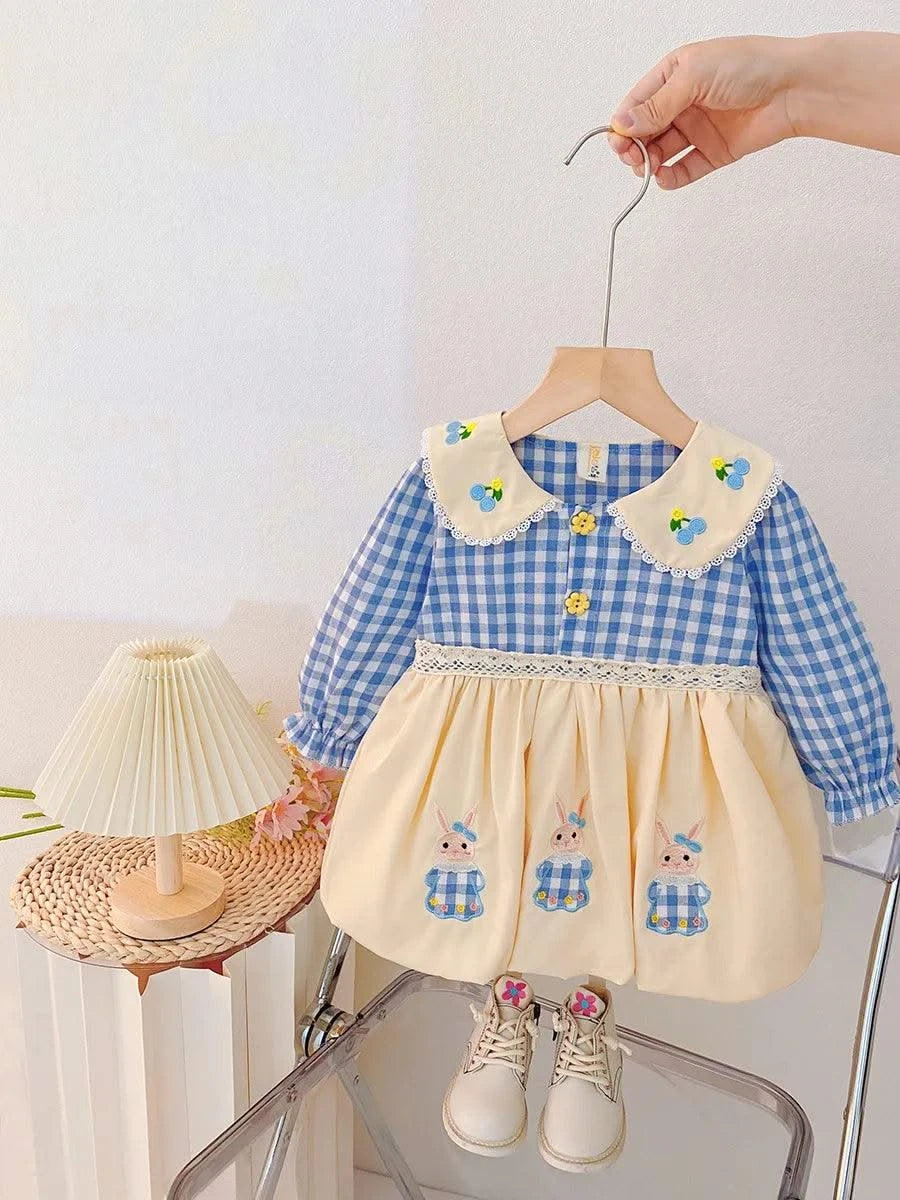 Rabbit Embroidery Cherry Lace Checkered  Peter Pan Collar Dress For Toddler |Girl  1-4Y Infant Girl Princess Dress|New Arrival