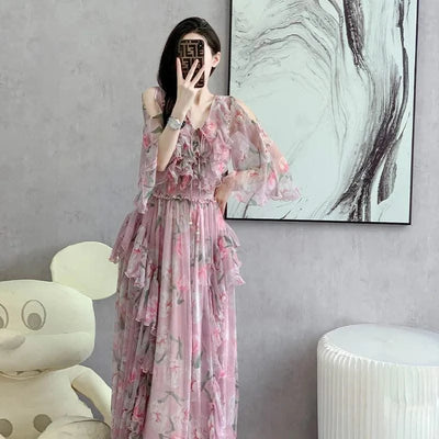 Women Sexy Off Shoulder V Neck Floral Print Dress Summer Gorgeous Flower Pink Chiffon Cascading Ruffles Evening Party Prom Robe