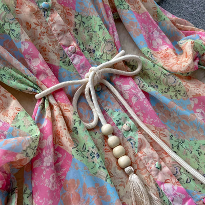 Long Dress Women Dresses A Line Chiffon Vestidos Stand Collar Streetwear Floral Print Elegant Splice Y2k Party Night High Waist