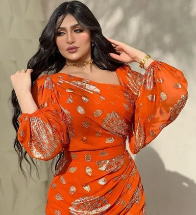 Dubai Morocco Dress for Women Chiffon Ball Gown Vestidos Lantern Sleeve Print Orange Wedding Prom Evening Dress Caftan 2023
