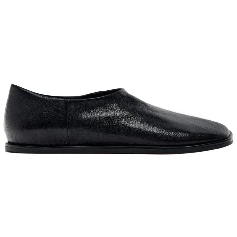 Genuine Leather Women's Black Square Toe Flats Comfortable Summer Shoes