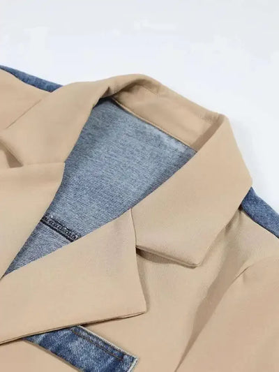 DEAT Women's Blazer Notched Collar Patchwork Denim Long Sleeve Khaki Long Sleeve Suit Coat  2024 Summer New Fashion  29L1530