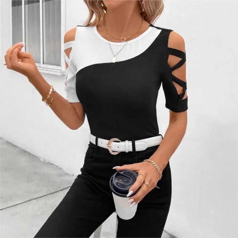 Women's Blouses T-shirt Summer New Colour Block Cross Off Shoulder