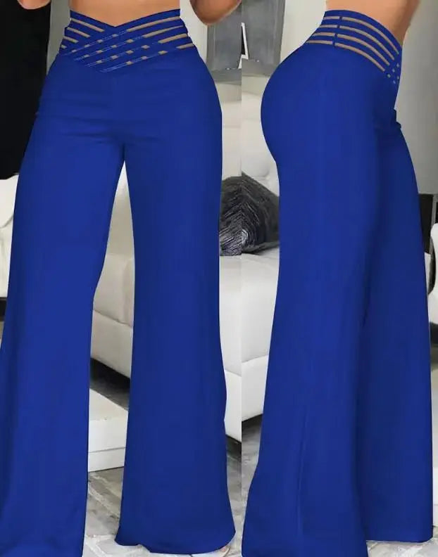 Women Wide Leg Flared Pants Autumn Casual Crisscross Sheer Mesh Patch High Waist Trousers Y2k Streetwear Elegant Work Pant