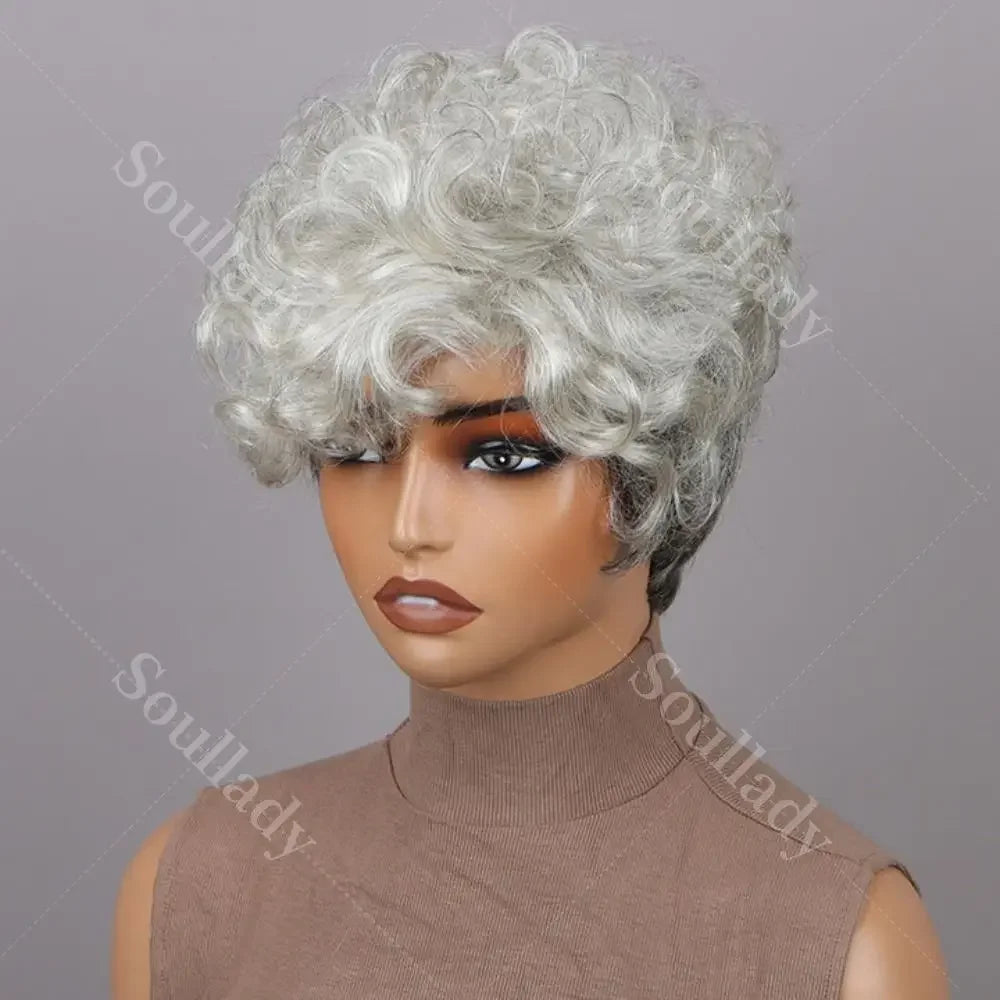 Seniors Short Curly Human Hair Glueless Wig Silver Grey Layered Pixie Cut Wig Light Salt And Pepper For Women Over 60s