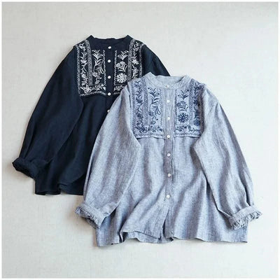 Cotton Linen Floral Embroidery Blouses Shirts For Women Tops Loose Oversize Lantern Long Sleeve Casual Boho Beach Summer Blusas