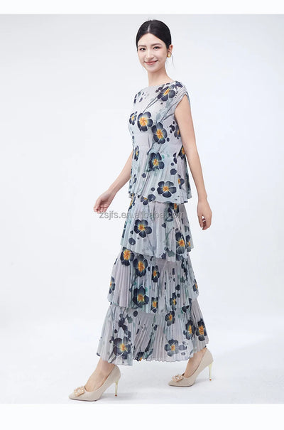 Women Dresses For Summer 2025 Miyake Pleated Dress Summer Fashion Holiday Style Printed Stretch Cake Dress