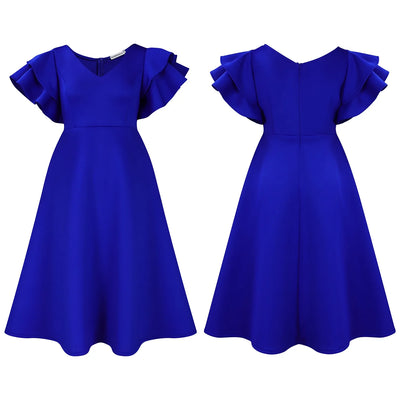 Elegant Party Dresses for Women V Neck Ruffles Sleeve High Waisted A Line Mid Calf Luxury Birthday Dinner Vestidos Mujer Dress