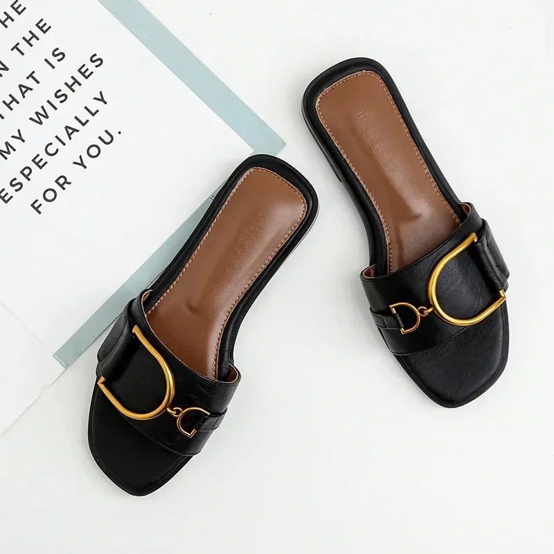 Summer Women Slippers Leather Square Toe Women Flats Flip Flops Designer Ladies Slides Sandals Women Shoes Luxury Sandals