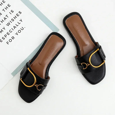 Summer Women Slippers Leather Square Toe Women Flats Flip Flops Designer Ladies Slides Sandals Women Shoes Luxury Sandals