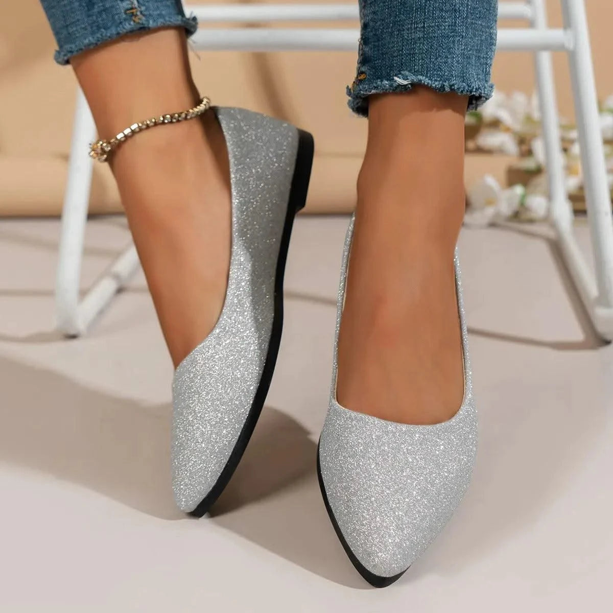 Glittery Slip on Loafers | Breathable Pointed Toe Boat Shoes | Shallow Flats Women Plus Size 43
