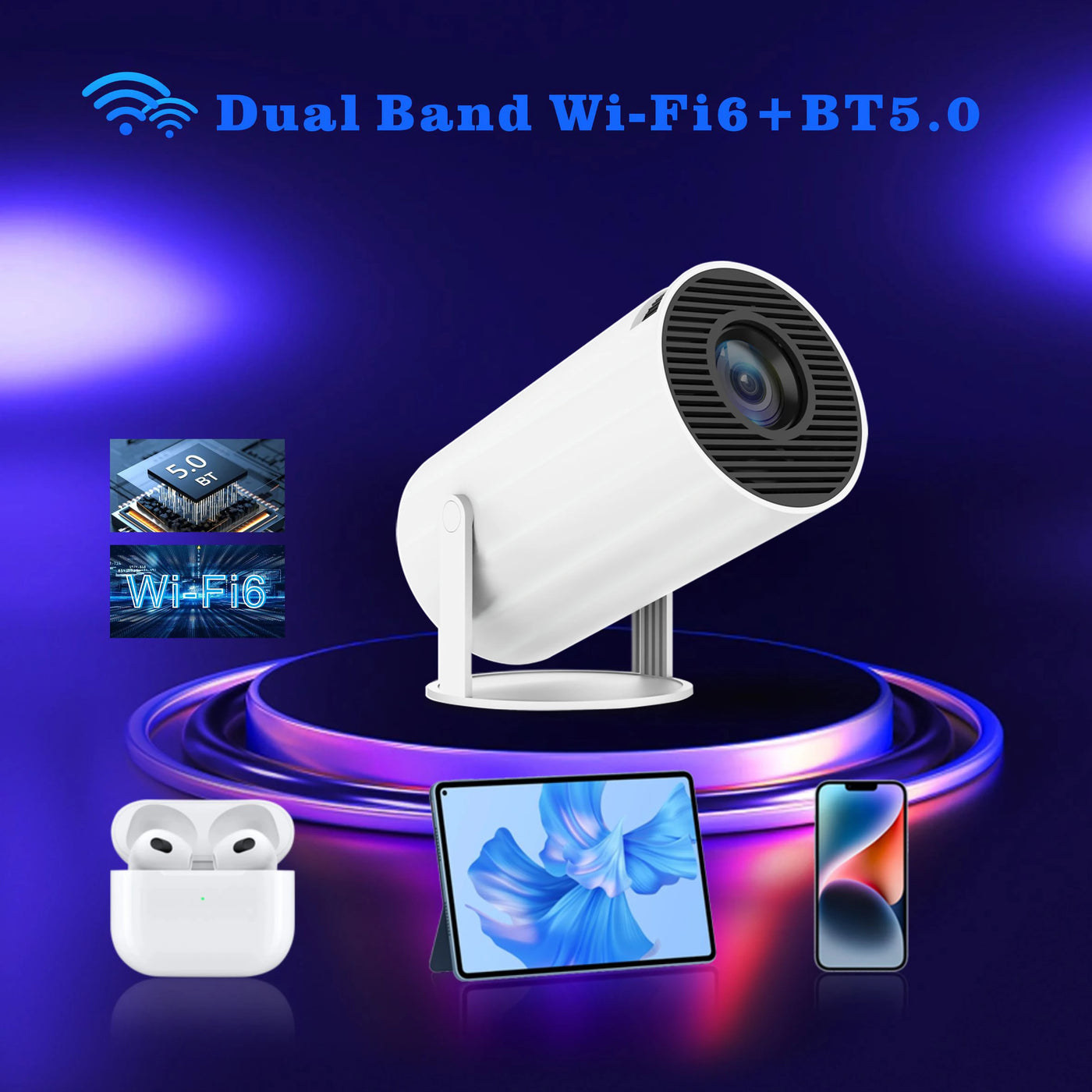 2025 Outdoor Portable Mini Projector 720P XP300 Pro，WiFi 6 & BT 5.4，180° Rotation，4500 Lumen 3W Speaker for Camping Movie Night