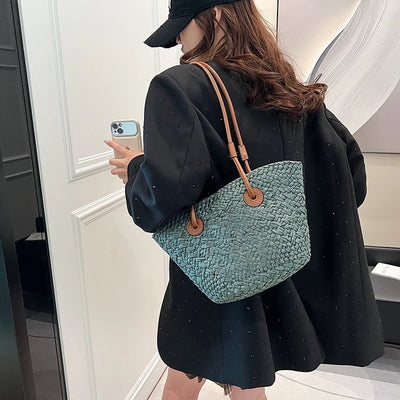 Designer Bohemian Chic Shoulder Bag,Solid Color Large Capacity Straw Woven Tote Bag,Nature-Inspired Beach Vacation Women Handbag