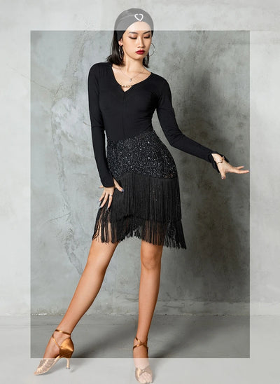Womens Latin Dance Dress Women Adult Latin Dance Practice Dress Tap Dance Show Black Tassel Dress