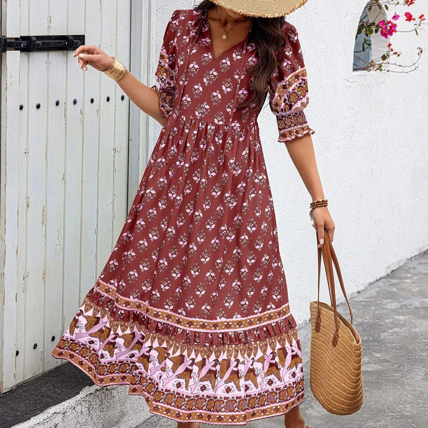 dresses for women Fashion summer Casual long dresses Bohemian V-Neck Printed High Waisted Big Swing Dress vestidos cortos