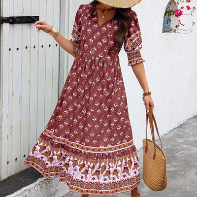 dresses for women Fashion summer Casual long dresses Bohemian V-Neck Printed High Waisted Big Swing Dress vestidos cortos
