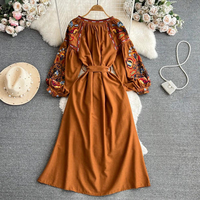 Boho Vintage Spring Autumn Women's Dress Ethnic Style Sundress Long Sleeve Embroidered Cotton Linen Black Beach Dresses платье
