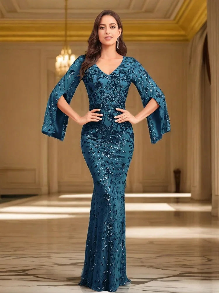 Luxury Champagne Evening Dresses For Women 2025 Long Sleeve Mermaid Formal Sequins V-neck Prom Wedding Party  Graduation Gowns