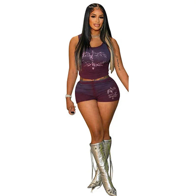 Sexy Biker Short Set Outfit Women 2025 Summer Fashion Tie Dye Print Diamonds Letter Rib Tank Top and Shorts 2 pcs Workout Sets