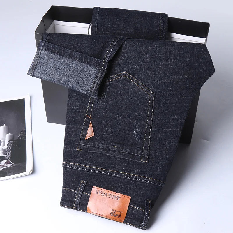 Men's Comfortable Soft Business Casual Denim Trousers Slim Fit Straight Pants Fashion Male Brand Light Luxury Stretch Clothing