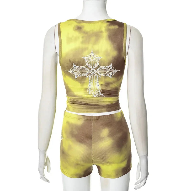 Sexy Biker Short Set Outfit Women 2025 Summer Fashion Tie Dye Print Diamonds Letter Rib Tank Top and Shorts 2 pcs Workout Sets