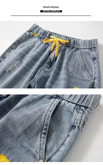 Summer Denim Shorts For Men Trendy Ripped Elastic Waist Loose Fit Casual Jeans 5 Minute Length Middle Pants