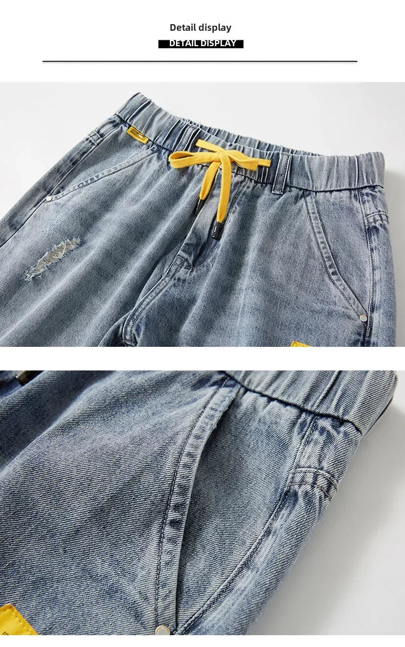 Summer Denim Shorts For Men Trendy Ripped Elastic Waist Loose Fit Casual Jeans 5 Minute Length Middle Pants