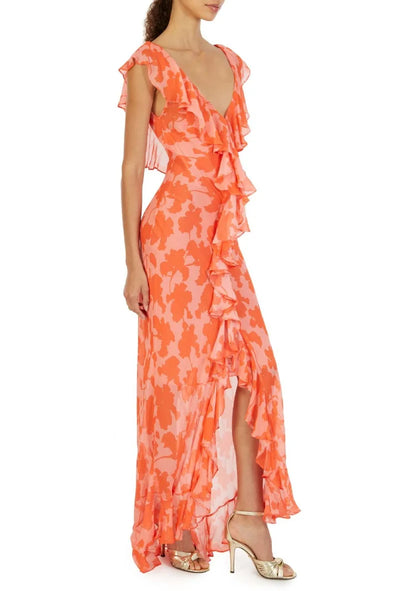 Summer Women Floral Bohemian Dress Elegant Chiffon Sleeveless V Neck Irregualr Slit Long Dress Sexy Slim Ruffle Vacation Dress