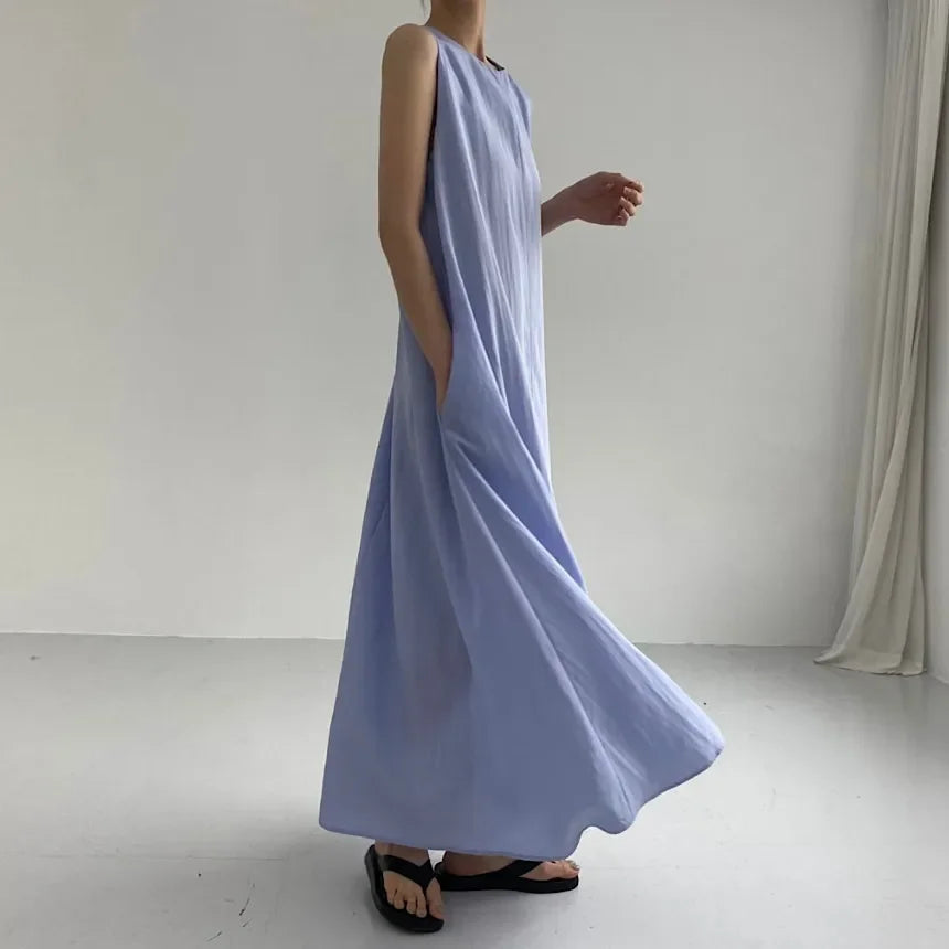 REALEFT Summer Women Maxi Dress 2024 New Solid Color Elegant Pockets Loose Waist Sleeveless Casual Summer Dresses Female