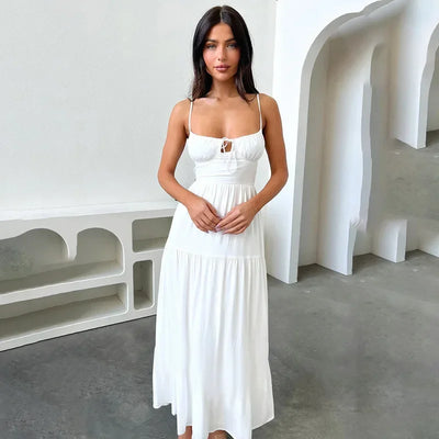 BOOFEENAA Halter Backless Maxi Long Dress Sexy Vacation Outfits White Black Summer Dresses for Women Clothes 2024 C66-CH28