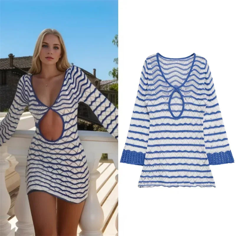 Women's dress 2025 summer new style  blue and white color-blocked striped long-sleeve mini dress with sexy hollow design