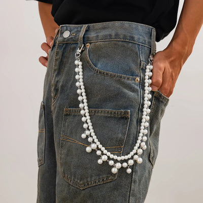 IngeSight.Z Men Hip Hop Multilayer Imitation Pearl Jeans Pants Keychain Chain Women Trousers Hipster Pant Chain Party Decoration