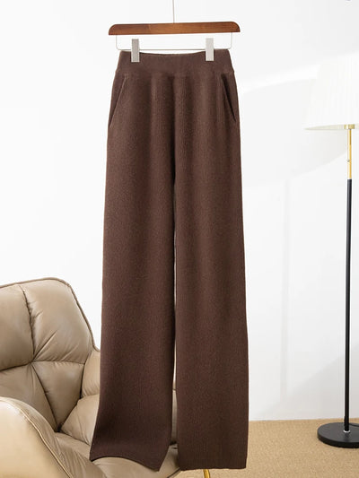 100% merino wool women's knitted trousers, fashionable, warm, drawstring, pockets, wide-leg pants, new autumn and winter 2024