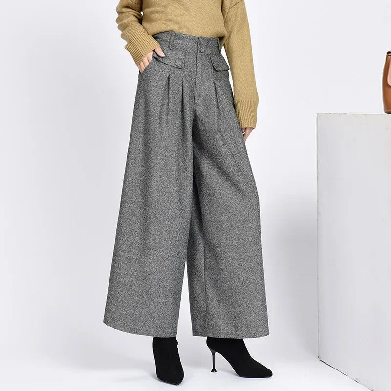 2023 Winter Warm Wool Women's Pants Female High Waist Pleated Wide Leg  Capris for Women Trousers Woman  4xl
