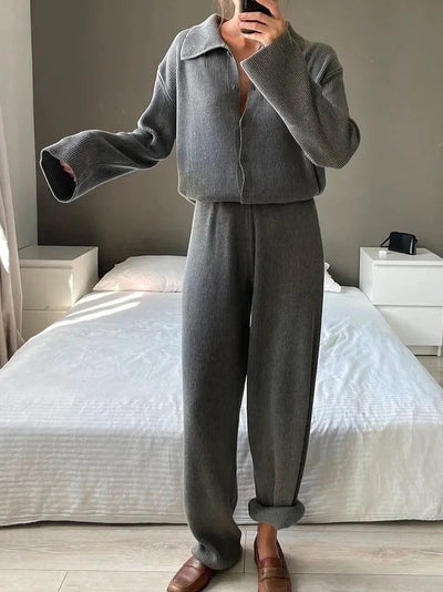 2025 Autumn Street Outfits Knitted Cardigan Pants Sets Women Single Breasted Lapel Sweater High Waist Wide Leg Trousers Suit