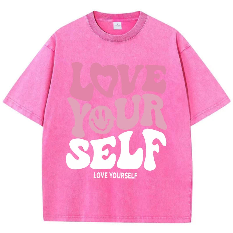 Women'S Cotton Washed T-Shirts Trend Distressed Loose Tees Love Your Self Letter Printing Short Sleeve Summer Female Clothes