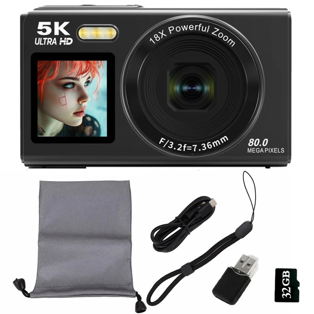 Digital Camera CCD Dual Screen Portable Digital Camera with18X Zoom 5K Vlogging Camera 80MP CCD Selfie Camera with 64GB Card